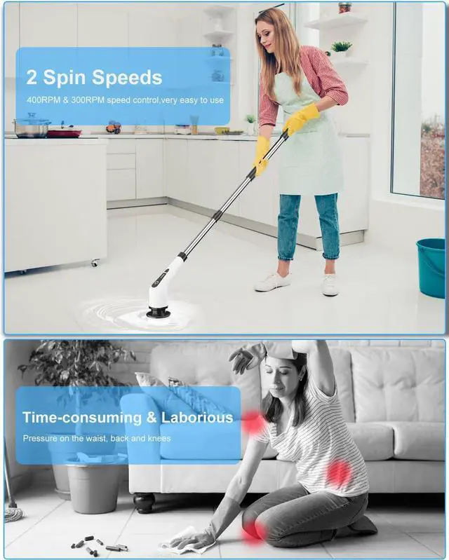 Alt view image 2 of 7 - Leebein Electric Spin Scrubber, Cordless Cleaning Brush with 8 Replaceable Brush Heads, Tub and Floor Tile 360 Power Scrubber Dual Speed with Adjustable & Detachable Handle for Bathroom Kitchen Car
