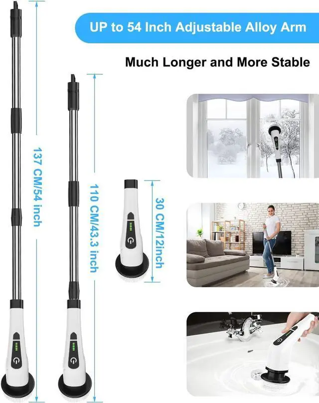Alt view image 3 of 7 - Leebein Electric Spin Scrubber, Cordless Cleaning Brush with 8 Replaceable Brush Heads, Tub and Floor Tile 360 Power Scrubber Dual Speed with Adjustable & Detachable Handle for Bathroom Kitchen Car