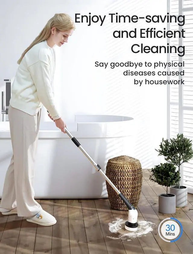 Alt view image 2 of 7 - Keimi Electric Spin Scrubber, 2024 New Cordless Voice Prompt Shower Cleaning Brush with 8 Replaceable Brush Heads, 3 Adjustable Speeds, and Adjustable Extension Handle for Bathroom Floor Tile