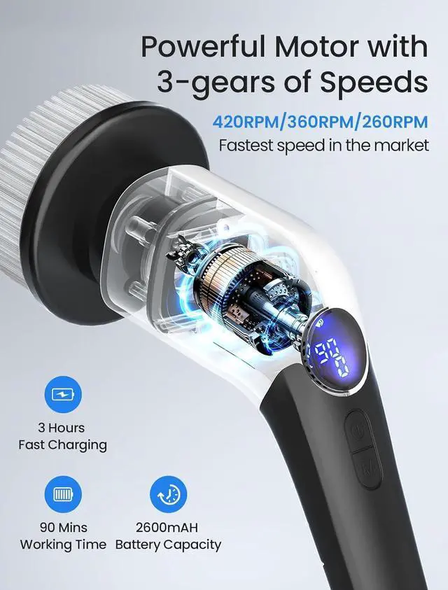 Alt view image 4 of 7 - Keimi Electric Spin Scrubber, 2024 New Cordless Voice Prompt Shower Cleaning Brush with 8 Replaceable Brush Heads, 3 Adjustable Speeds, and Adjustable Extension Handle for Bathroom Floor Tile