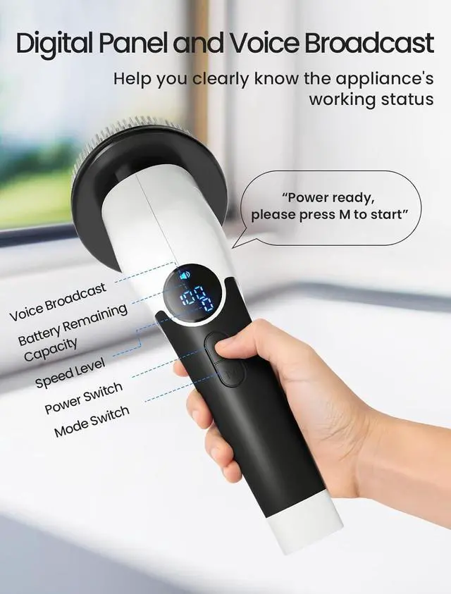 Alt view image 5 of 7 - Keimi Electric Spin Scrubber, 2024 New Cordless Voice Prompt Shower Cleaning Brush with 8 Replaceable Brush Heads, 3 Adjustable Speeds, and Adjustable Extension Handle for Bathroom Floor Tile
