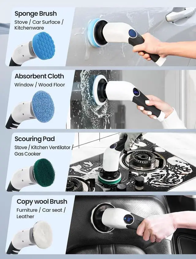 Alt view image 6 of 7 - Keimi Electric Spin Scrubber, 2024 New Cordless Voice Prompt Shower Cleaning Brush with 8 Replaceable Brush Heads, 3 Adjustable Speeds, and Adjustable Extension Handle for Bathroom Floor Tile