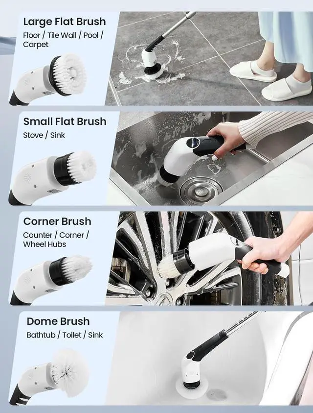 Alt view image 7 of 7 - Keimi Electric Spin Scrubber, 2024 New Cordless Voice Prompt Shower Cleaning Brush with 8 Replaceable Brush Heads, 3 Adjustable Speeds, and Adjustable Extension Handle for Bathroom Floor Tile