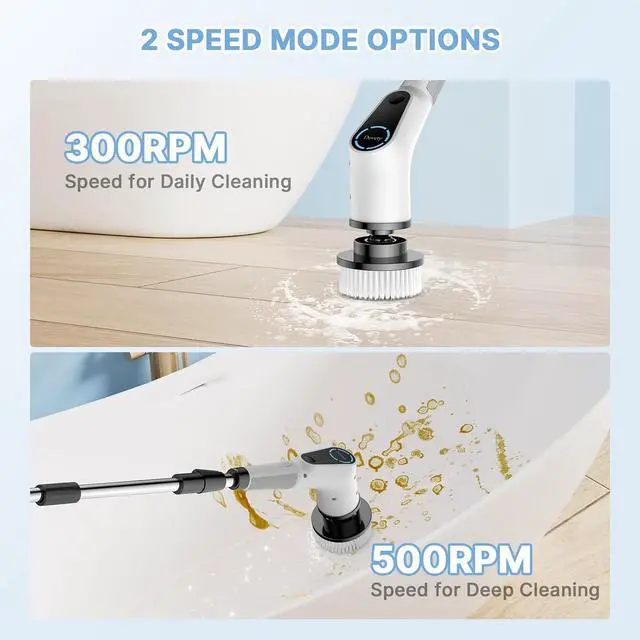 Alt view image 3 of 6 - Dovety Electric Spin Scrubber, Cordless Cleaning Brush, Shower Scrubber with 8 Replaceable Brush Head, Power Cleaning Brush with Extension Handle, 2 Adjustable Speed, for Bathtub Grout Tile Floor