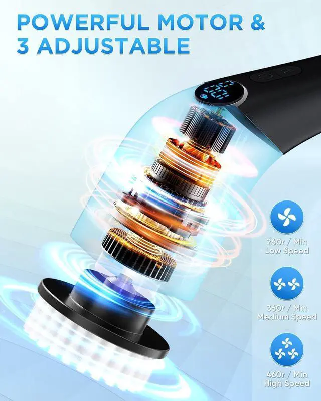 Alt view image 3 of 7 - AISMIHO Electric Spin Scrubber, Cordless Cleaning Brush with 8 Replaceable Brush Heads, Shower Cleaning Brush, Power Scrubber with 3 Adjustable Speeds,Adjustable & Detachable Long Handle,Voice Prompt