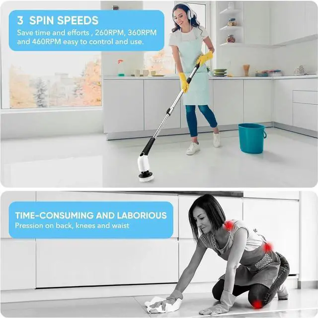 Alt view image 2 of 7 - AISMIHO Electric Spin Scrubber, Cordless Cleaning Brush with 8 Replaceable Brush Heads, Shower Cleaning Brush, Power Scrubber with 3 Adjustable Speeds,Adjustable & Detachable Long Handle,Voice Prompt
