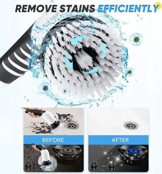 Alt view image 6 of 7 - AISMIHO Electric Spin Scrubber, Cordless Cleaning Brush with 8 Replaceable Brush Heads, Shower Cleaning Brush, Power Scrubber with 3 Adjustable Speeds,Adjustable & Detachable Long Handle,Voice Prompt