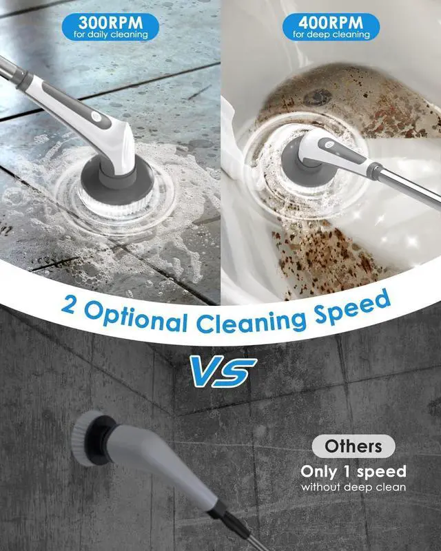 Alt view image 4 of 7 - Electric Spin Scrubber, 10 in 1 Airpher Cordless Cleaning Brush IPX8 with 9 Replaceable Brush Heads and 4 Tier Removable Handle, Power Shower Scrubber for Bathroom, Tub, Tile, Floor, Kitchen, Window