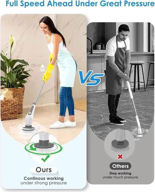 Alt view image 6 of 7 - Electric Spin Scrubber, 10 in 1 Airpher Cordless Cleaning Brush IPX8 with 9 Replaceable Brush Heads and 4 Tier Removable Handle, Power Shower Scrubber for Bathroom, Tub, Tile, Floor, Kitchen, Window