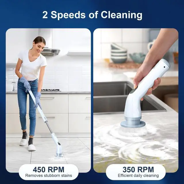 Alt view image 3 of 7 - LABIGO Electric Spin Scrubber LA4 Pro, Dual Speed Bathroom Scrubber with Display & 6 Replacement Cleaning Heads, Cordless Power Scrubber with Adjustable & Detachable Handle for Bathroom Floor Tile