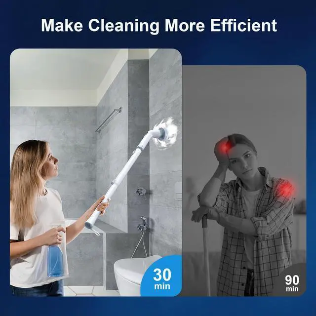 Alt view image 4 of 7 - LABIGO Electric Spin Scrubber LA4 Pro, Dual Speed Bathroom Scrubber with Display & 6 Replacement Cleaning Heads, Cordless Power Scrubber with Adjustable & Detachable Handle for Bathroom Floor Tile