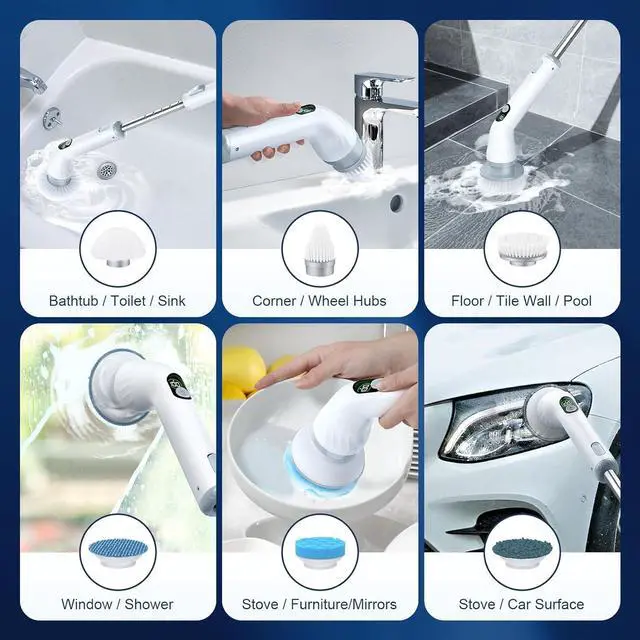 Alt view image 6 of 7 - LABIGO Electric Spin Scrubber LA4 Pro, Dual Speed Bathroom Scrubber with Display & 6 Replacement Cleaning Heads, Cordless Power Scrubber with Adjustable & Detachable Handle for Bathroom Floor Tile
