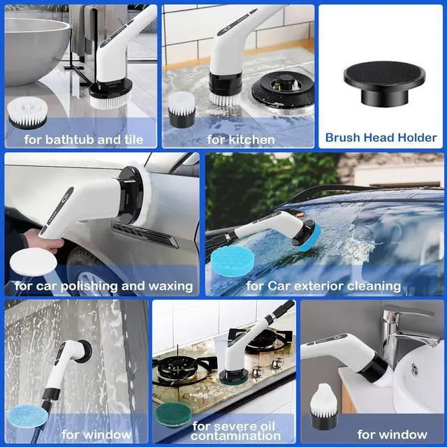 Alt view image 5 of 6 - Electric Spin Scrubber, Cordless Cleaning Brush with 7 Replaceable Brush Heads Power Scrubber Shower Cleaning Brush with Adjustable & Detachable Handle for Bathroom, Tub, Tile, Floor, Car