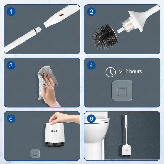 Alt view image 7 of 7 - Ratolo Electric Toilet Brush,Silicone Toilet Brush,Toilet Bowl Brush and Holder Set with Ventilated Holder,Toilet Brush, Floor Standing, Wall Mounted Without DrillingRechargeable