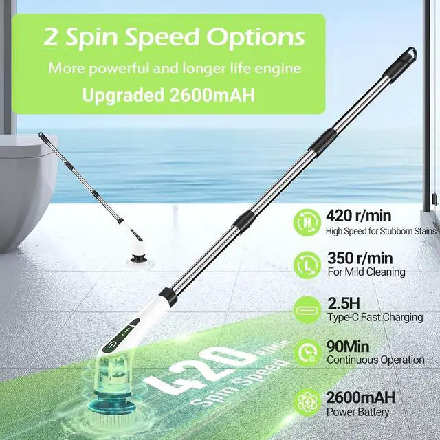 Alt view image 2 of 6 - Dsenfurn Electric Spin Scrubber, Cordless Bathroom Tub Scrubber with Long Handle & 7 Replaceable Cleaning Heads, Extension as Short Handle, Portable Power Shower Brush Household Tools for Tile Floor