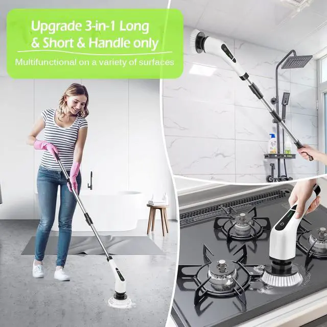 Alt view image 3 of 6 - Dsenfurn Electric Spin Scrubber, Cordless Bathroom Tub Scrubber with Long Handle & 7 Replaceable Cleaning Heads, Extension as Short Handle, Portable Power Shower Brush Household Tools for Tile Floor