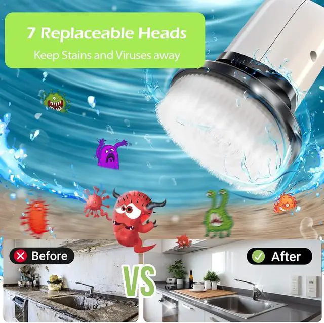 Alt view image 4 of 6 - Dsenfurn Electric Spin Scrubber, Cordless Bathroom Tub Scrubber with Long Handle & 7 Replaceable Cleaning Heads, Extension as Short Handle, Portable Power Shower Brush Household Tools for Tile Floor