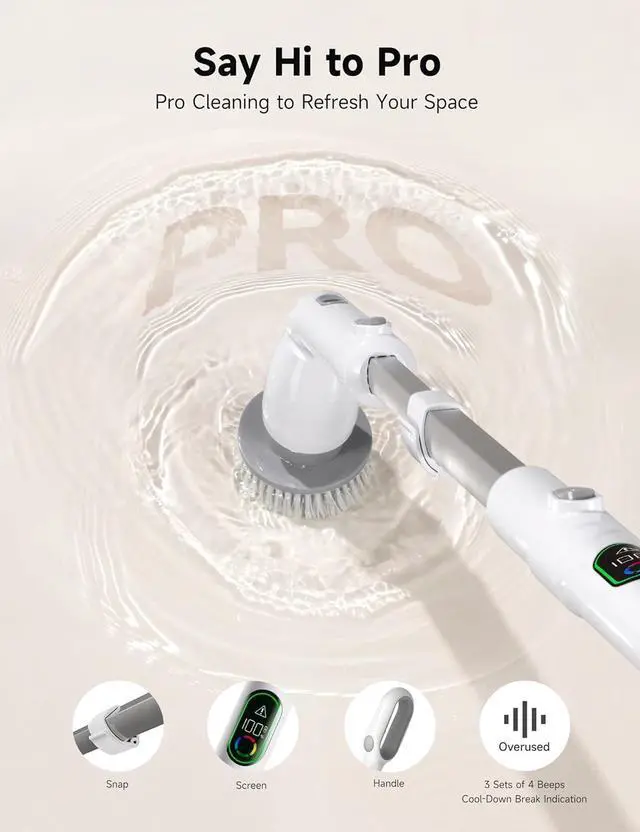 Alt view image 2 of 7 - HiCOZY Electric Spin Scrubber HS1 Pro, Shower Scrubber with 2024 New Upgraded Voice Prompt LED Smart Display, Cleaning Brush with 4 Adjustable Speeds, 6 Replaceable Brush Heads Light White