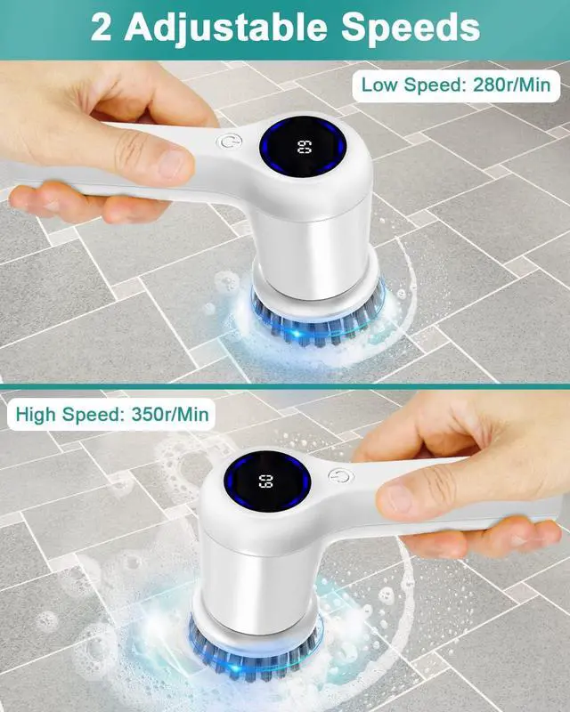 Alt view image 3 of 7 - Electric Spin Scrubber,GRUTTI Power Scrubber Cordless Electric Shower Scrubber with Digital Display and 5 Replaceable Heads, 2 Adjustable Speeds,Cleaning Brush for Bathtub, Floor, Tile, Window