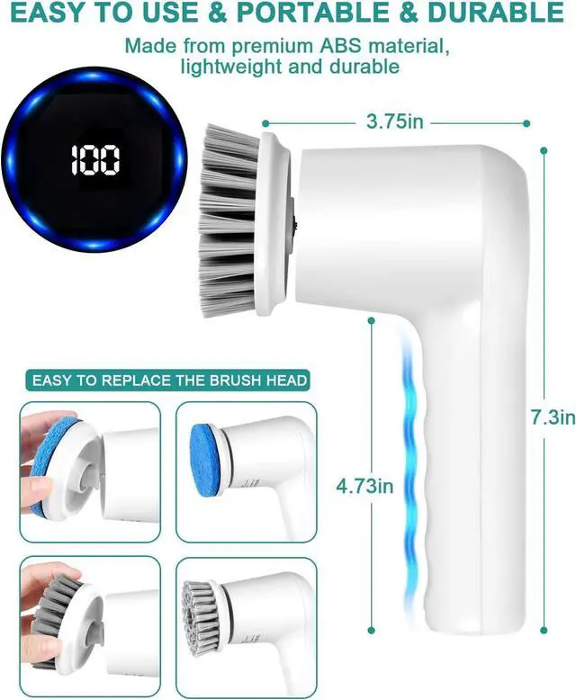 Alt view image 2 of 7 - Electric Spin Scrubber,GRUTTI Power Scrubber Cordless Electric Shower Scrubber with Digital Display and 5 Replaceable Heads, 2 Adjustable Speeds,Cleaning Brush for Bathtub, Floor, Tile, Window