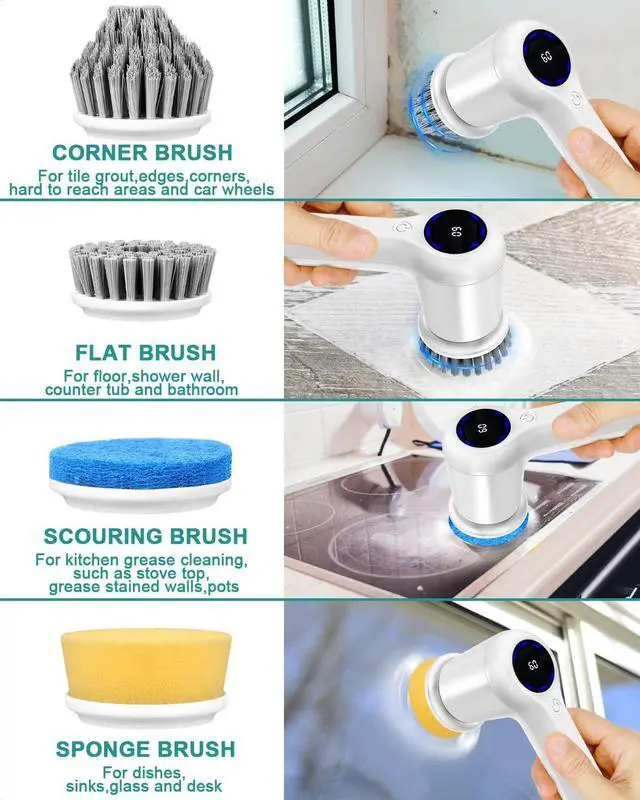 Alt view image 5 of 7 - Electric Spin Scrubber,GRUTTI Power Scrubber Cordless Electric Shower Scrubber with Digital Display and 5 Replaceable Heads, 2 Adjustable Speeds,Cleaning Brush for Bathtub, Floor, Tile, Window