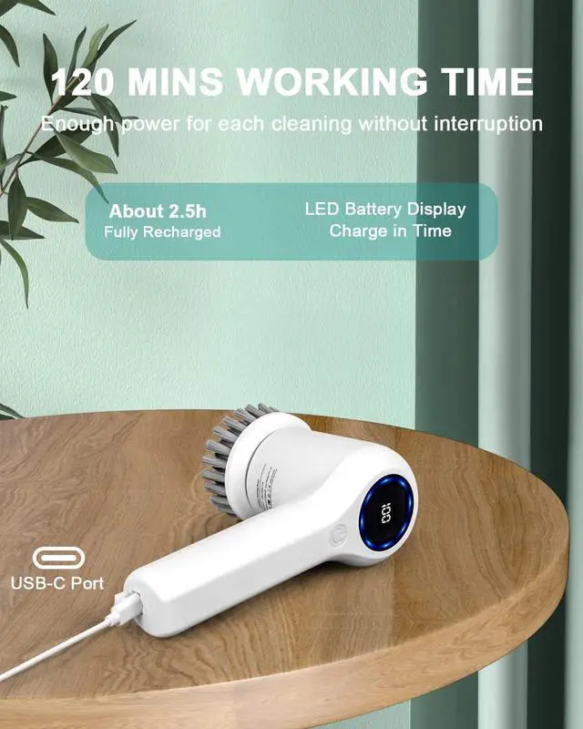 Alt view image 6 of 7 - Electric Spin Scrubber,GRUTTI Power Scrubber Cordless Electric Shower Scrubber with Digital Display and 5 Replaceable Heads, 2 Adjustable Speeds,Cleaning Brush for Bathtub, Floor, Tile, Window
