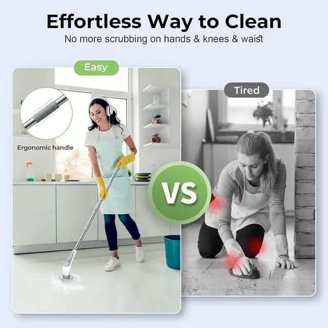Alt view image 2 of 7 - Prasky Electric Spin Scrubber, Cordless IPX8 Shower Scrubber with 9 Replacement Heads and 4 Tier Removable Handles, Dual Speed Extendable Spin Brush for Cleaning Bathroom, Tub, Tile