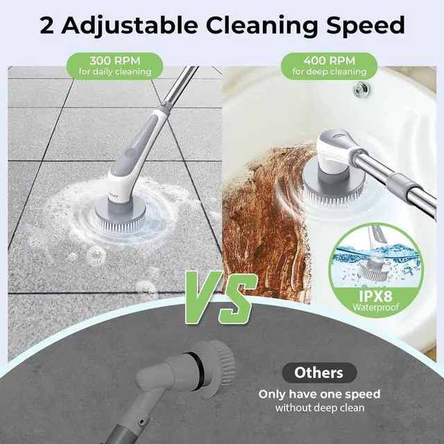 Alt view image 3 of 7 - Prasky Electric Spin Scrubber, Cordless IPX8 Shower Scrubber with 9 Replacement Heads and 4 Tier Removable Handles, Dual Speed Extendable Spin Brush for Cleaning Bathroom, Tub, Tile
