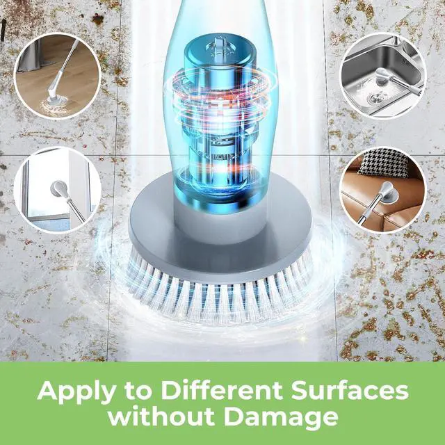 Alt view image 6 of 7 - Prasky Electric Spin Scrubber, Cordless IPX8 Shower Scrubber with 9 Replacement Heads and 4 Tier Removable Handles, Dual Speed Extendable Spin Brush for Cleaning Bathroom, Tub, Tile
