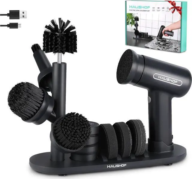 Main image of HAUSHOF Electric Spin Scrubber, Cordless Cleaning Brush with 8 Replaceable Heads and 3 Speeds for Cleaning Kitchen, Bathroom, Knife Sharpener Included