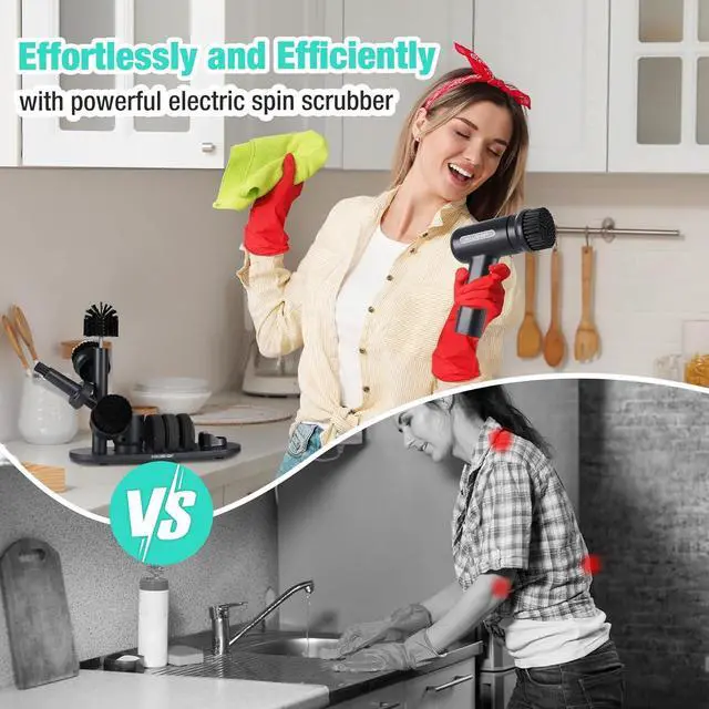 Alt view image 2 of 7 - HAUSHOF Electric Spin Scrubber, Cordless Cleaning Brush with 8 Replaceable Heads and 3 Speeds for Cleaning Kitchen, Bathroom, Knife Sharpener Included