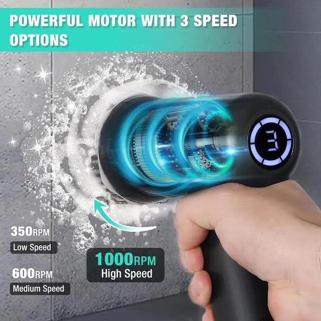 Alt view image 3 of 7 - HAUSHOF Electric Spin Scrubber, Cordless Cleaning Brush with 8 Replaceable Heads and 3 Speeds for Cleaning Kitchen, Bathroom, Knife Sharpener Included