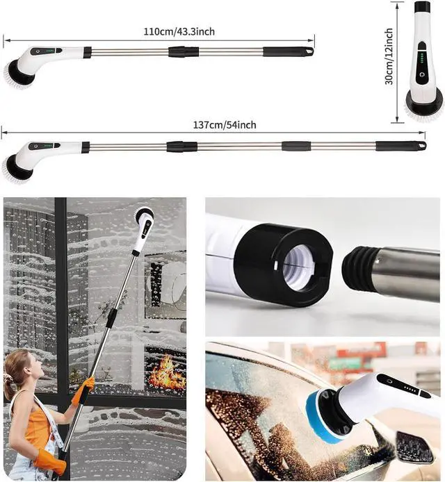 Alt view image 3 of 6 - Electric Spin Scrubber, FARI Shower Cleaning Brush with 8 Replaceable Drill Brush Heads, Cordless Power Scrubber with Adjustable Handle Bathroom and Shower Cleaner