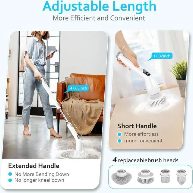 Alt view image 4 of 6 - TUYU Electric Spin Scrubber, 2024 Full-Body IPX7 Waterproof Bathroom Scrubbe with Power LCD Display, Adjustable Extension Handle Electric Cleaning Brush for Bathroom, Tub, Tile