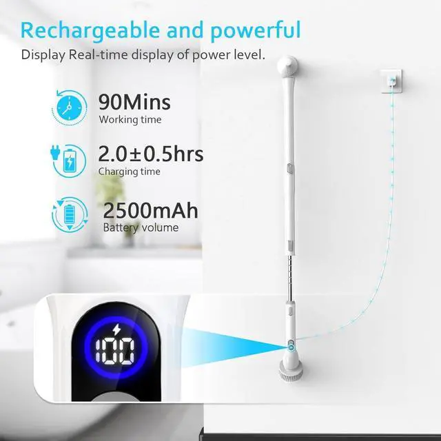 Alt view image 6 of 6 - TUYU Electric Spin Scrubber, 2024 Full-Body IPX7 Waterproof Bathroom Scrubbe with Power LCD Display, Adjustable Extension Handle Electric Cleaning Brush for Bathroom, Tub, Tile