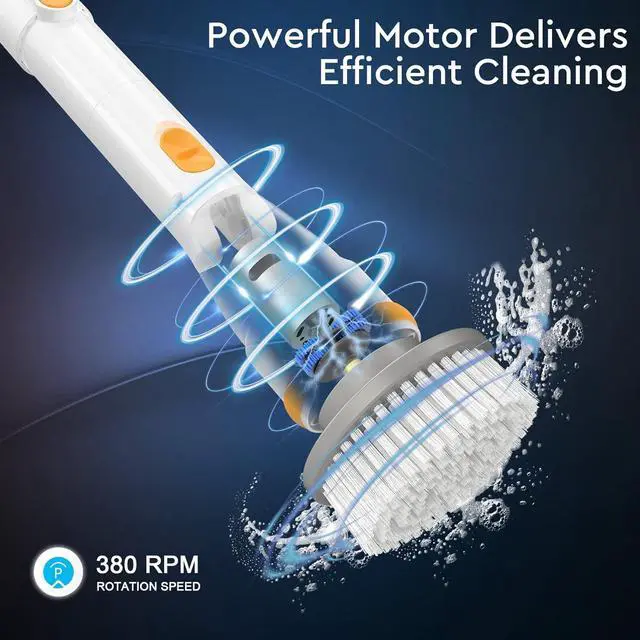Alt view image 2 of 7 - Electric Spin Scrubber, KIKOLIN 380RPM High Speed Power Scrubber, Cordless Cleaning Brush 2 Speeds for Bathroom, Tub, Shower, Floor with 4 Replaceable Brush Heads and Adjustable Extension Long Handle