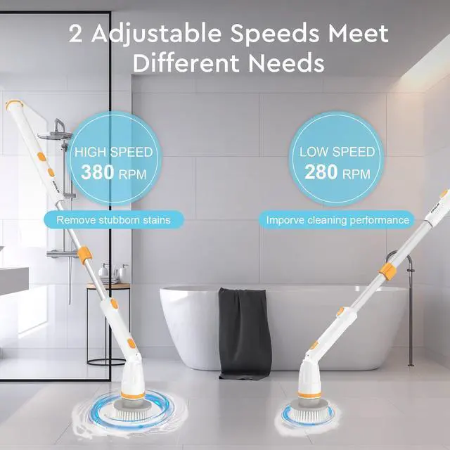 Alt view image 3 of 7 - Electric Spin Scrubber, KIKOLIN 380RPM High Speed Power Scrubber, Cordless Cleaning Brush 2 Speeds for Bathroom, Tub, Shower, Floor with 4 Replaceable Brush Heads and Adjustable Extension Long Handle