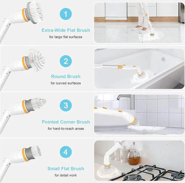 Alt view image 4 of 7 - Electric Spin Scrubber, KIKOLIN 380RPM High Speed Power Scrubber, Cordless Cleaning Brush 2 Speeds for Bathroom, Tub, Shower, Floor with 4 Replaceable Brush Heads and Adjustable Extension Long Handle