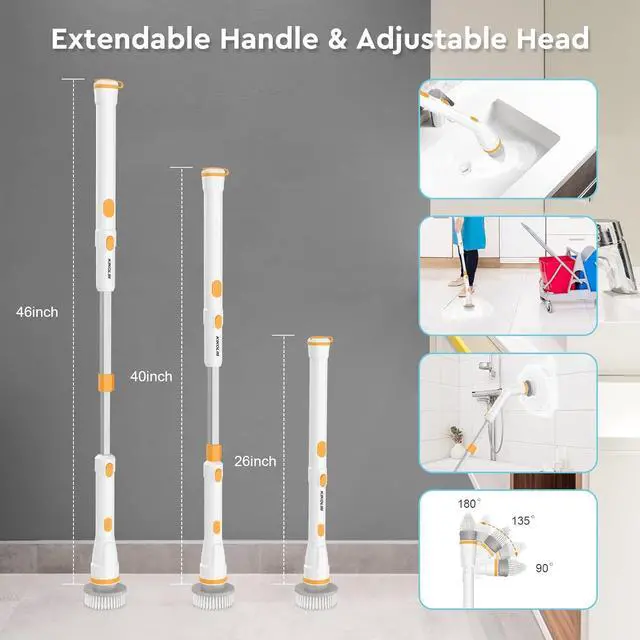 Alt view image 5 of 7 - Electric Spin Scrubber, KIKOLIN 380RPM High Speed Power Scrubber, Cordless Cleaning Brush 2 Speeds for Bathroom, Tub, Shower, Floor with 4 Replaceable Brush Heads and Adjustable Extension Long Handle