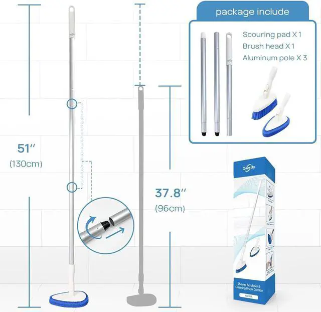 Alt view image 6 of 7 - Qaestfy Shower Scrubber Cleaning Brush Combo Bath Tub Tile Cleaner Scrubber Brush with 51'' Adjustable Long Handle Scrub Brush for Bathroom Shower Bathtub Wall Mop Cleaning Scrubbing