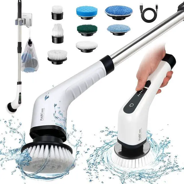 Main image of Electric Spin Scrubber, FARI Shower Cleaning Brush with 8 Replaceable Drill Brush Heads, Cordless Power Scrubber with Adjustable Handle Bathroom and Shower Cleaner