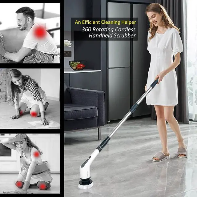 Alt view image 2 of 6 - Electric Spin Scrubber, FARI Shower Cleaning Brush with 8 Replaceable Drill Brush Heads, Cordless Power Scrubber with Adjustable Handle Bathroom and Shower Cleaner