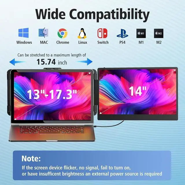 Alt view image 3 of 6 - Laptop Screen Extender Monitor - 14 Inch Portable IPS FHD 1080P HDMI/USB-A/Type-C Extended Monitor for Laptops (Maximum Length: 15.74") Compatible with Windows Mac Travel Gaming Work