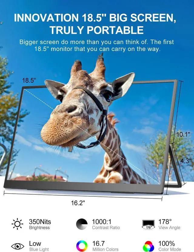 Alt view image 2 of 7 - Portable Monitor 18.5 inch 120HZ 100% sRGB 1080P with VESA & Stand 180° Adjustable Ultra-Slim & Lightweight Frameless FHD FreeSync IPS HDR Gaming Display, Travel Second Monitor for Laptop