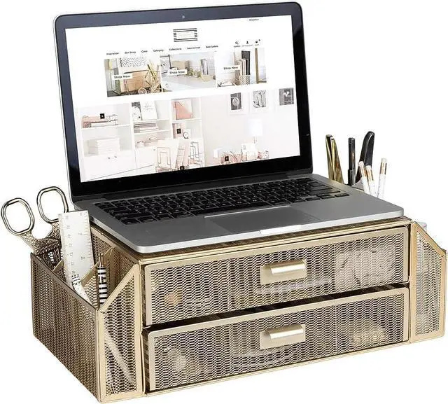 Main image of Blu Monaco Gold Monitor Stand with Drawer  Computer Monitor Riser with Storage  Laptop Stand for Desk with Storage - Laptop organizer - Desk Organizer with Drawers