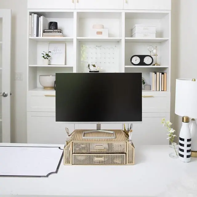 Alt view image 4 of 7 - Blu Monaco Gold Monitor Stand with Drawer  Computer Monitor Riser with Storage  Laptop Stand for Desk with Storage - Laptop organizer - Desk Organizer with Drawers
