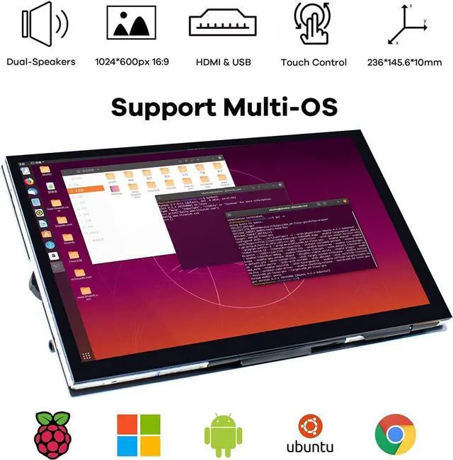 Alt view image 3 of 7 - IPS LCD Capacitive Touch Screen HDMI Display Portable Monitor 1024X600 Built-in Dual Speakers for Raspberry Pi 5/4/3 Xbox PS4 Windows 7/8/10