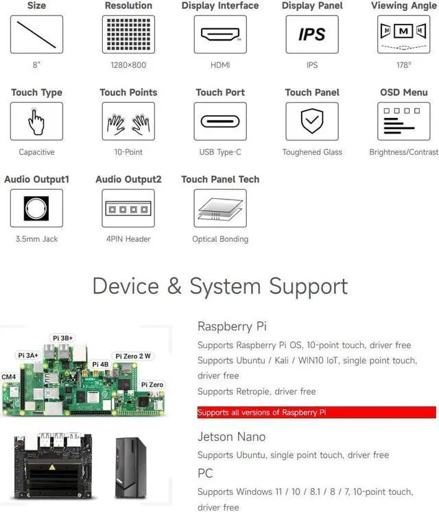 Alt view image 4 of 7 - 10.1inch Capacitive Touch LCD IPS Display, 1280×800 Resolution, HDMI Interface, Compatible with Raspberry Pi 5/4B/3B/Zero/Zero W/Zero 2W/Pico/Pico W/Pico WH, Support Jetson Nano/PC
