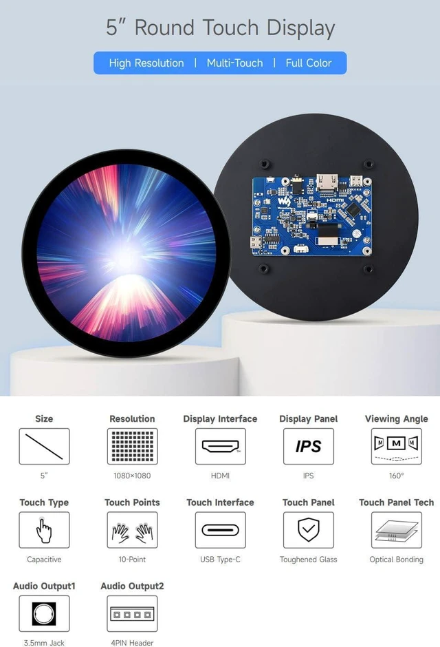 Alt view image 3 of 7 - waveshare 5inch HDMI Round Touch Display, 1080 × 1080 Resolution, IPS, 10-Point Touch, Compatible with Raspberry Pi 5/4B/3B/Zero/Zero W/Zero 2W/Pico/Pico W/Pico WH