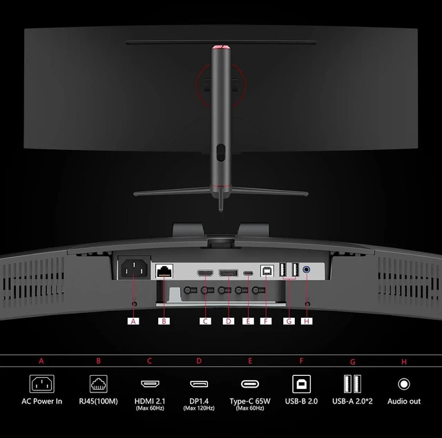 Alt view image 6 of 7 - 49C1R 49" Curved 5K2K 32:9 Ultrawide Gaming Monitor QHD 5120 x 1440P, 120Hz, R1800, 99% sRGB, HDR400, USB Type-C, DisplayPort, HDMI, Built-in Speakers, Height/Tilt Adjustable